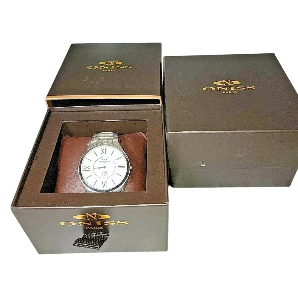 Men's Oniss Paris ON5549-MWT Watch NEW Silver Tone Stainless‎ Steel 42mm.